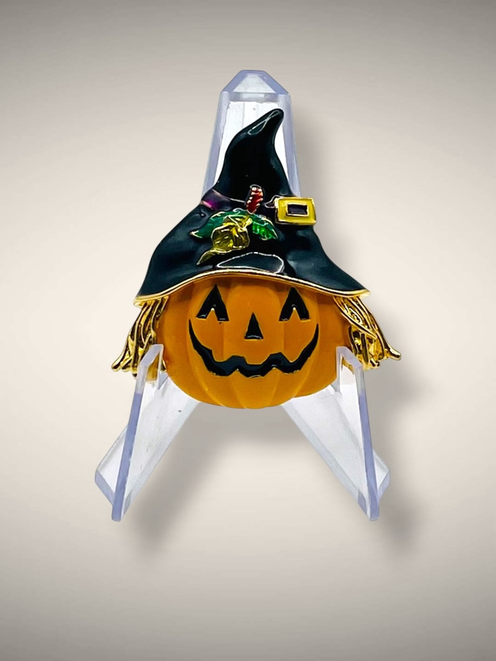 Vintage Halloween Enamel Jack-O'-Lantern Pumpkin Scarecrow Witch Brooch Pin - Picture 3 of 11